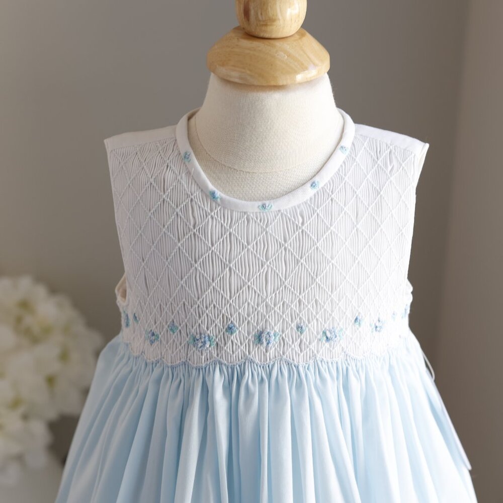 Smocked Blue & White Dress Embroidery Pin Tucks Luli & Me Spring Summer NWT - Picture 3 of 6